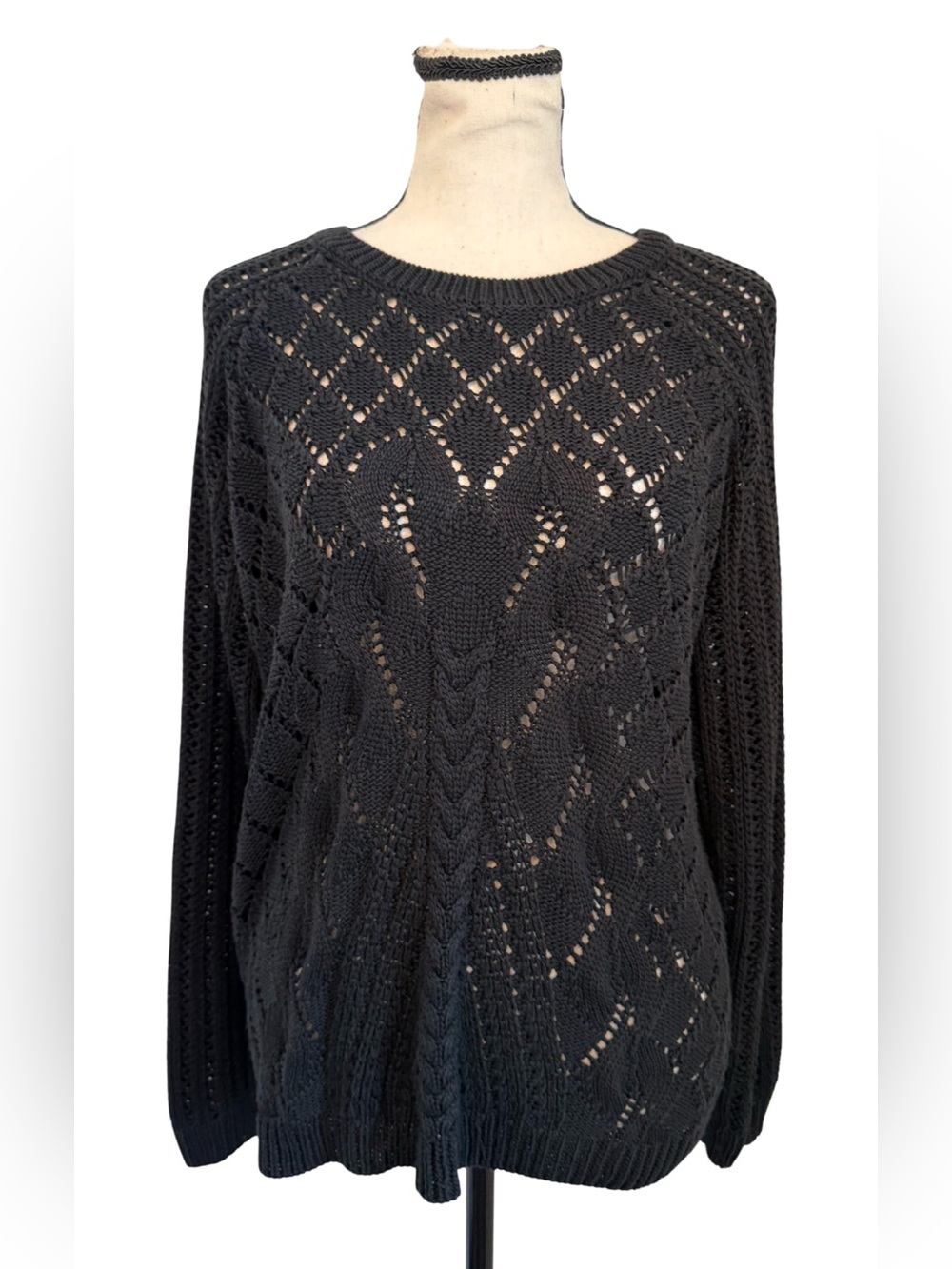 Eyeshadow Black Open Knit Crochet Style Pullover Sweater Long Sleeve L